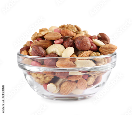 mixed nuts bowl isolated on white background