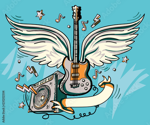 Music design - drawn winged guitar and amplifier
