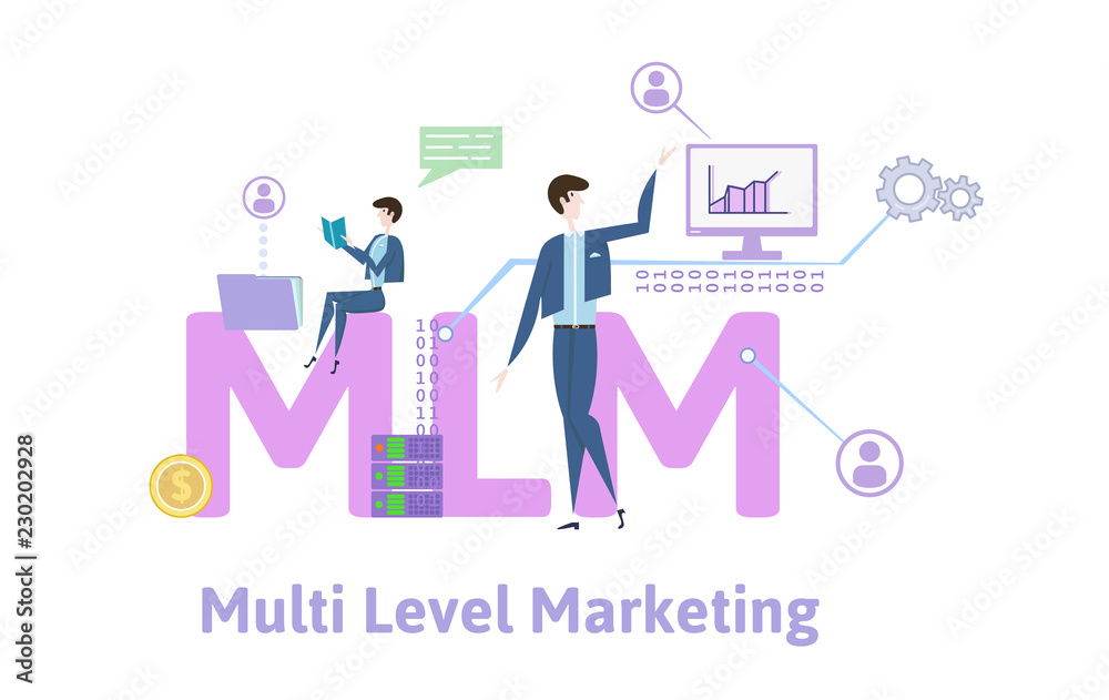 MLM, multi-level marketing. Concept with keywords, letters and icons. Colored flat vector illustration on white background.