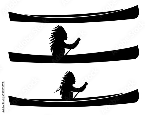 native american tribal chief rowing in traditional canoe boat black vector silhouette set