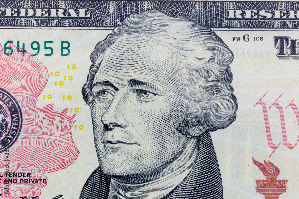 Alexander Hamilton on the ten dollar bill macro photo. United States of America currency detail