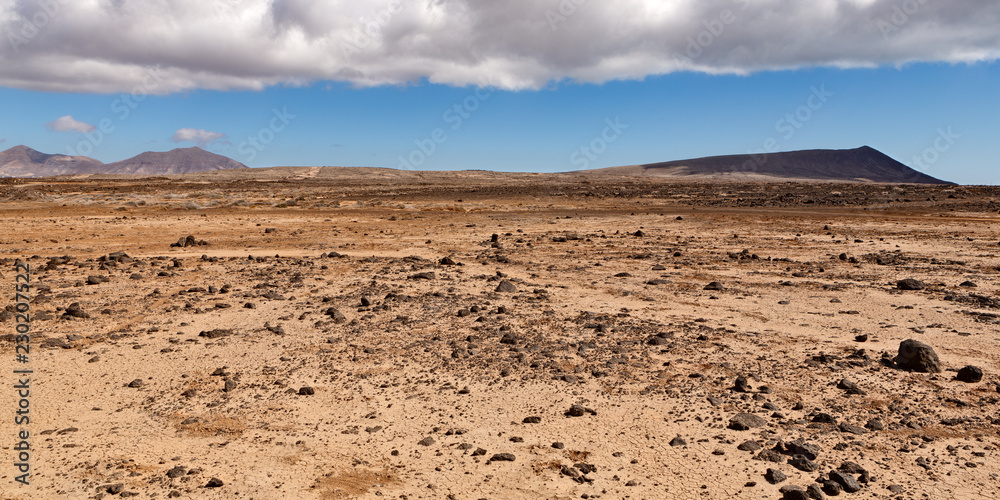 dry and rocky desert landscape with  mountains in the distance