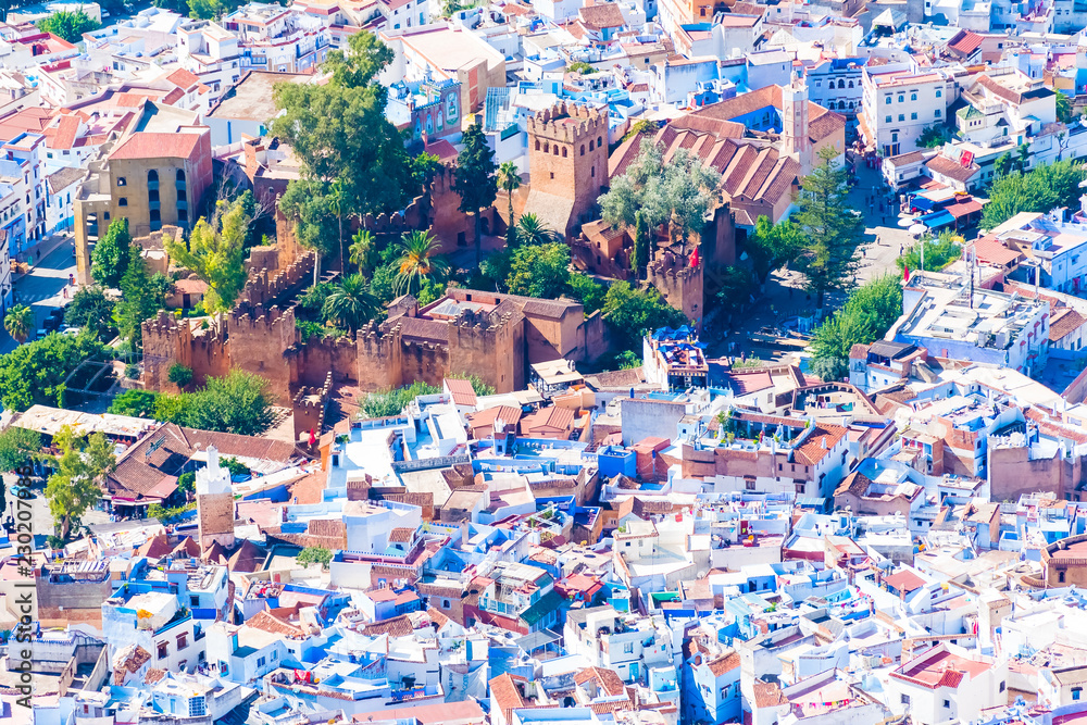 Blue medina of the Chefchaouen panoramic view from mountain viewpoint, Morocco in Africa.