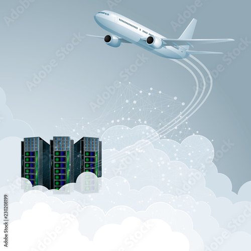 Cloud computing concept design. Aircraft and supercomputers.