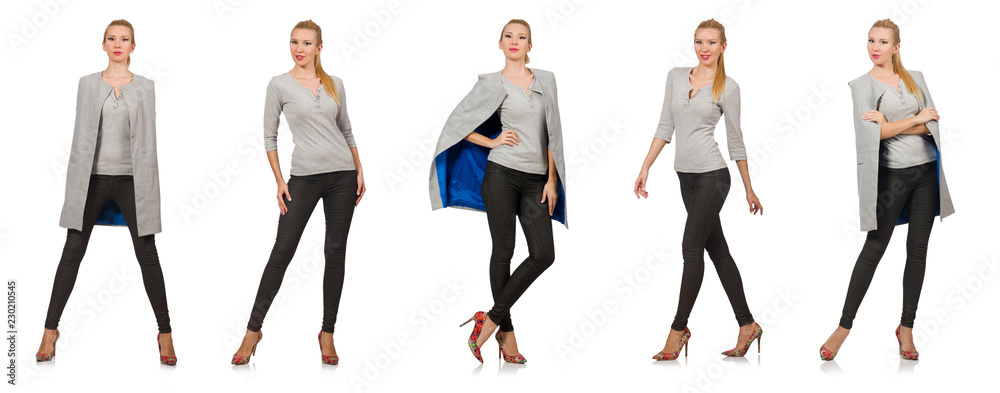 Pretty woman in gray blouse isolated on white Pretty woman in gray blouse isolated on white