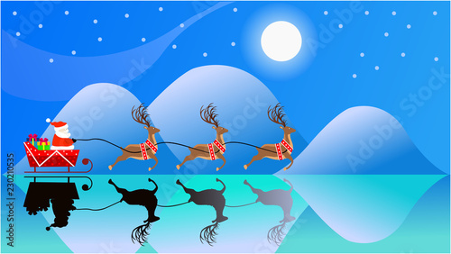Vector Illustration image of silhouette Santa on Sleigh with  his flying reindeer on surface frozen ice lake isolated on Christmas night with full moon background.