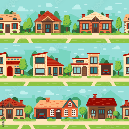 Seamless suburban houses. Panoramic cityscape with house exterior, buildings and town road flat vector background set