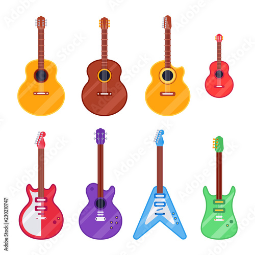 Flat guitar instrument. Ukulele, acoustic classical and rock electric guitars. String music instruments isolated vector cartoon set