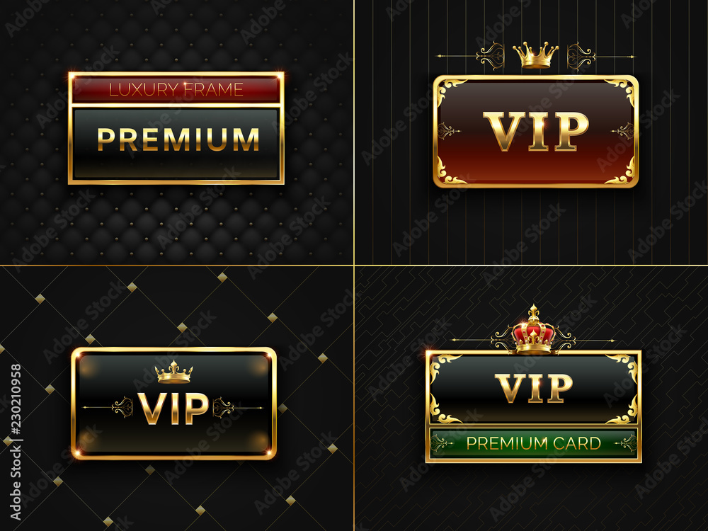 Golden Vip frame. Premium banner with gold insignia crown. Black luxury invitation card with gold frames. Exclusive vector cards set