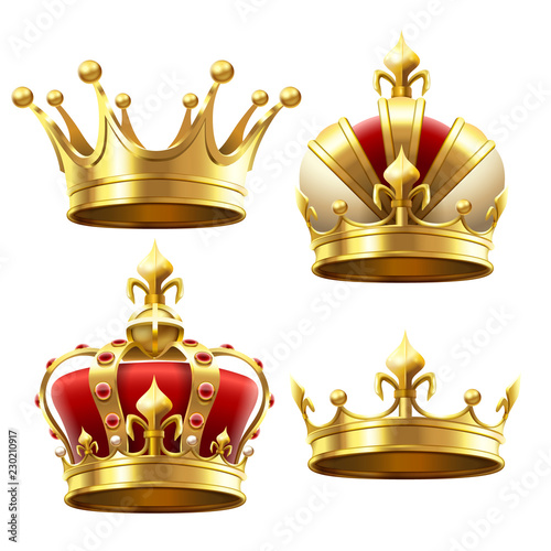 Realistic gold crown. Crowning headdress for king and queen. Royal crowns vector set