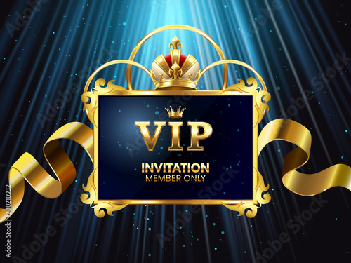 VIP invitation card. Glamour celebration party invitate. Elegant golden crown in gold frame for luxury anniversary cards vector concept photo