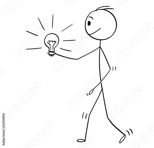 Cartoon stick drawing conceptual illustration of man or businessman walking with shining lighbulb or light bulb in hand.Business concept of inspiration and idea.