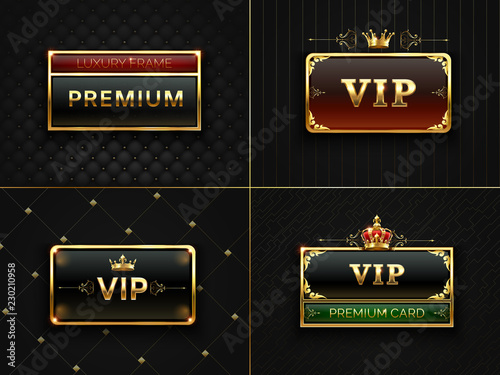 Golden Vip frame. Premium banner with gold insignia crown. Black luxury invitation card with gold frames. Exclusive vector cards set