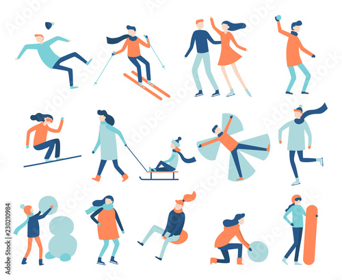 Winter fun people. Snow festival games, sledding and snowboard. Christmas family ski skating scenes vector set