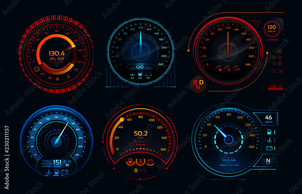 Futuristic car speedometer. Speed hud kilometer performance indicators