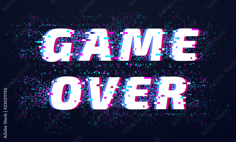 Game over. Games screen glitch, computer video gaming phrase and playing  final level death screen with distorted text vector background vector de  Stock | Adobe Stock
