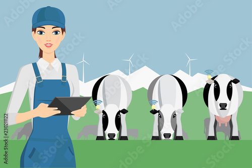 Woman farmer with digital tablet on a cattle grazing. Internet of things in cattle breeding. Vector illustration