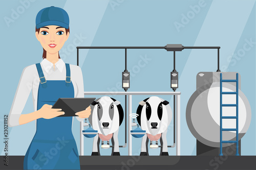 Woman farmer with tablet on a modern dairy farm. Smart farming, herd management and automatic milking. Vector illustration.