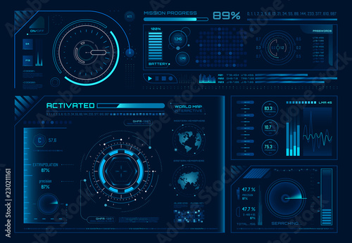 Futuristic hologram ui. Science hud interfaces, graph interface frames and tech regulators or button design elements vector set