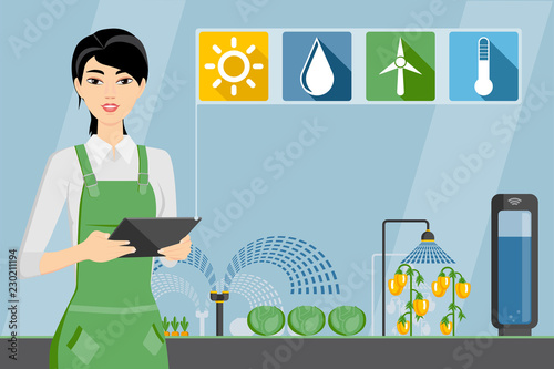 Asian woman farmer with tablet in a modern greenhouse. Internet of things in agriculture. Smart farm with wireless control. Vector illustration.