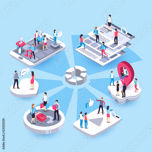 3d isometric marketing people. Social media market, interests target group representatives and business customers map vector concept