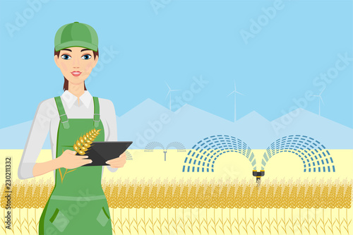 Woman farmer with tablet in a wheat field. Internet of things in agriculture. Smart farm with wireless control. Vector illustration.