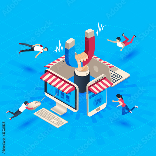 Web store customer attraction. Attract buyers, isometric retain loyal clients and social media business marketing vector illustration