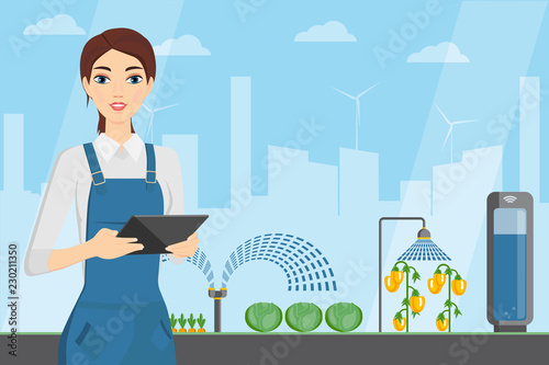 Woman farmer with tablet in a modern greenhouse. Internet of things in agriculture. Smart farm with wireless control. Vector illustration.