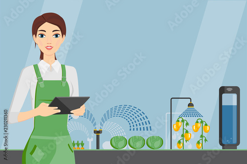 Woman farmer with tablet in a modern greenhouse. Internet of things in agriculture. Smart farm with wireless control. Vector illustration.