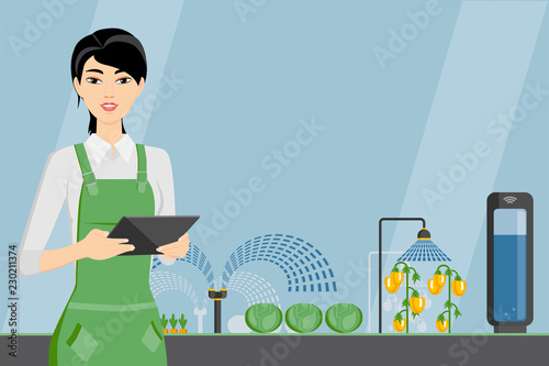 Asian woman farmer with tablet in a modern greenhouse. Internet of things in agriculture. Smart farm with wireless control. Vector illustration.