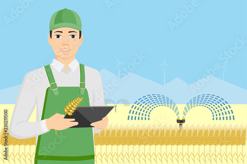 Farmer with digital tablet in a wheat field. Internet of things in agriculture. Smart farm with wireless control. Vector illustration.