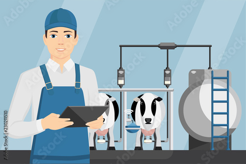 Farmer with tablet on a modern dairy farm. Smart farming, herd management and automatic milking. Vector illustration.