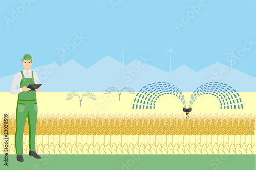 Farmer with digital tablet in a wheat field. Internet of things in agriculture. Smart farm with wireless control. Vector illustration.