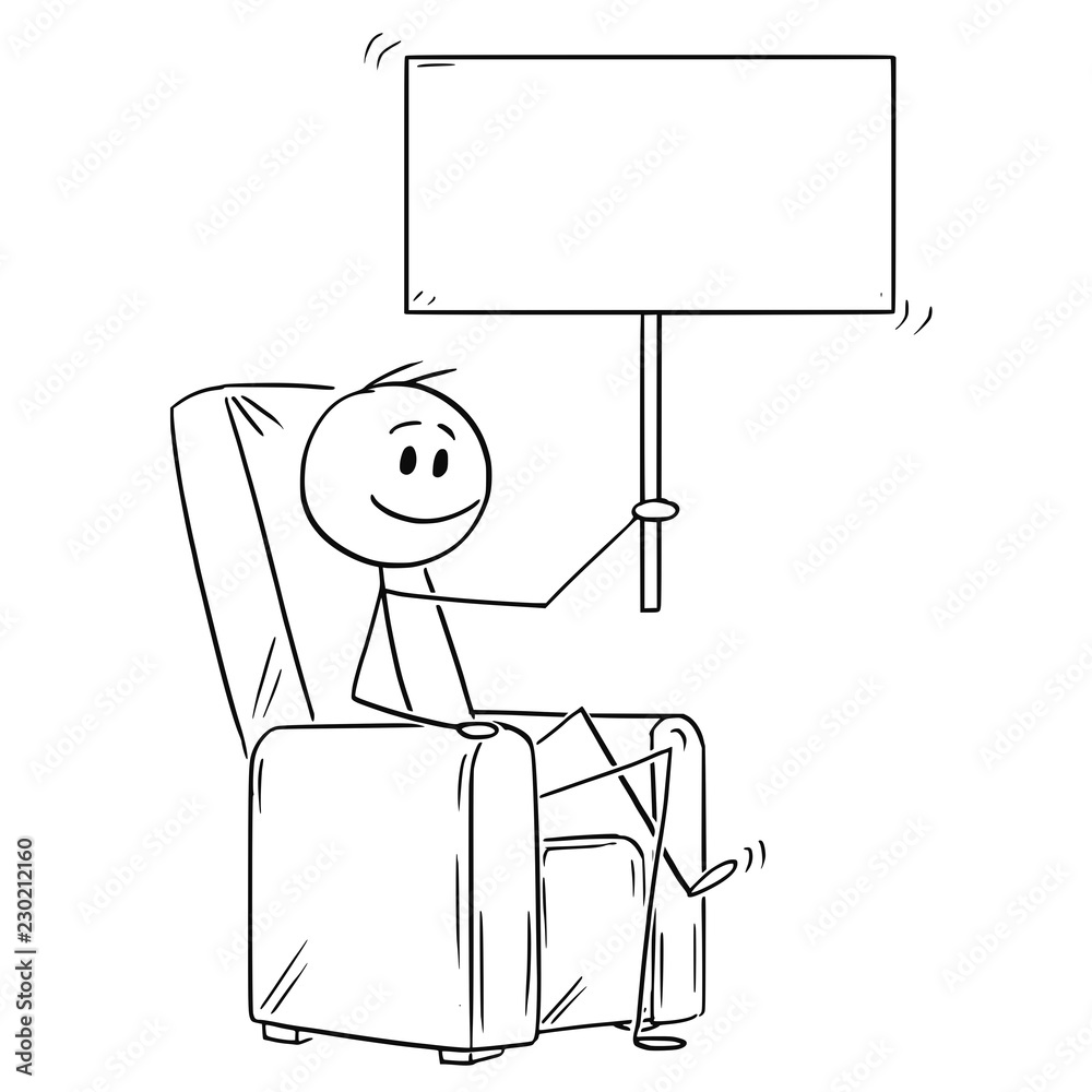 Cartoon stick drawing conceptual illustration of happy man or businessman sitting in armchair and holding empty sign for your text. Cartoon stick drawing conceptual illustration of happy man or businessman sitting in armchair and holding empty sign for your text.