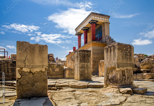 Red columns of the Knossos palace. Fragment of the ruins of the Knossos palace. Architecture on Crete, Greece.