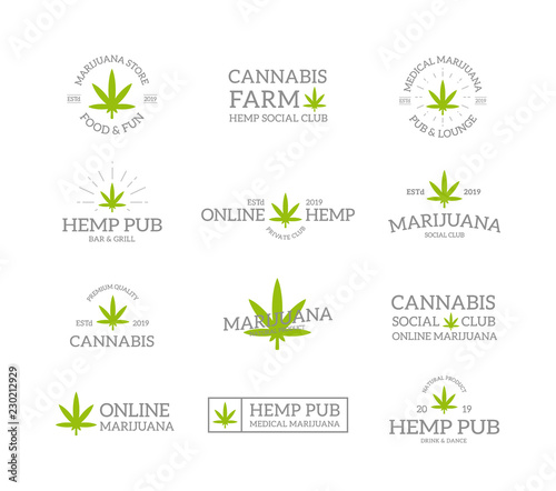 Set of retro vintage marijuana leaf, hemp, cannabis logo or insignia, emblems, labels and badges and other branding objects. Vector line style