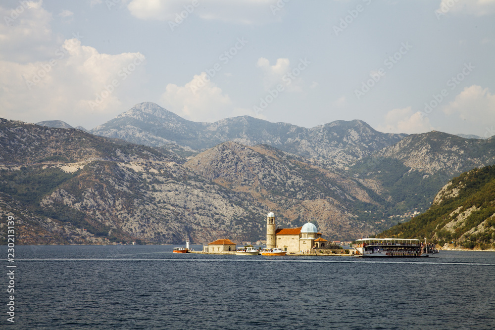 Church of Our Lady of the Rocks. Bay of Kotor, Montenegro. The island with a church on the Adriatic