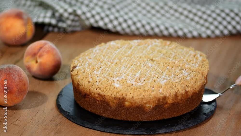 Slice of fresh homemade peach cake. Slice of fresh homemade peach cake.