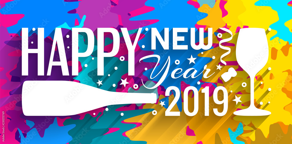 2019 Happy New Year banner. Lettering made from Bottle of Champagne, glass, stars and other. Multicolored background. Vector.