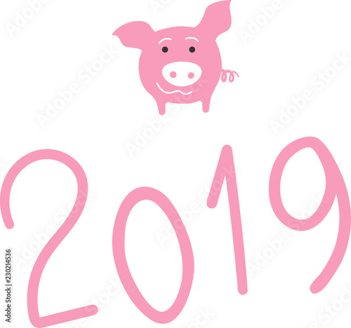 2019 new year numbers with pink funny pig, vector illustration element 