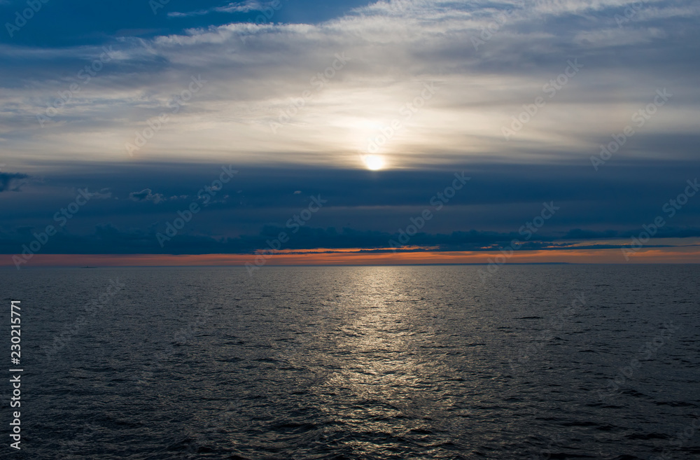 White Sea in summer at sunset on a polar day