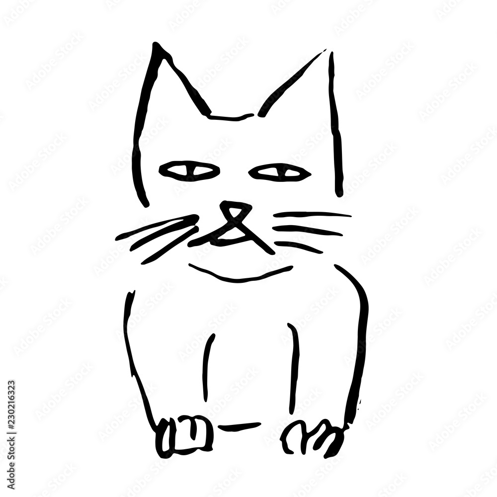 Cat. Modern ink brush drawing animal head. Vector illustration.