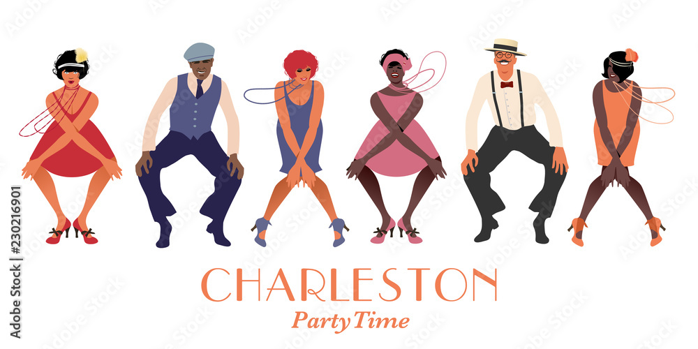 Fototapeta premium Cztery dziewczyny podlotek i dwóch mężczyzn w strojach retro tańczy Charleston. Ilustracji wektorowych