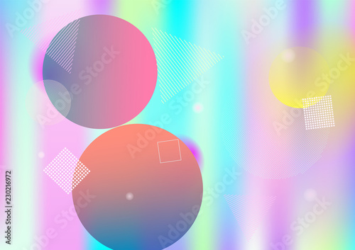 Holographic simple memphis vector background. Gradient unicorn horizontal color overlay. Minimal corporate identity geometric holograph pattern. Chaotic trendy bauhaus funky falling memphis layout.