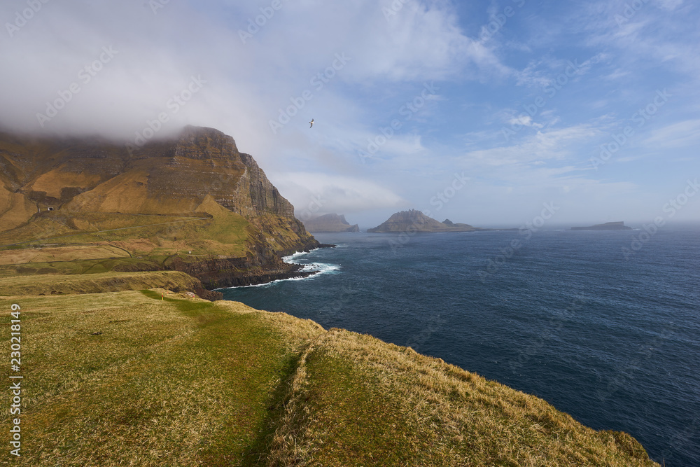 Wild rocky coast in Faroe island Vagar during the sunny spring windy day with high cliffs, rocky small islands, stormy atlantic ocean and green pasture land on the top.