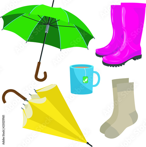 Autumn set: umbrellas, boots, socks and tea. Vector illustration.