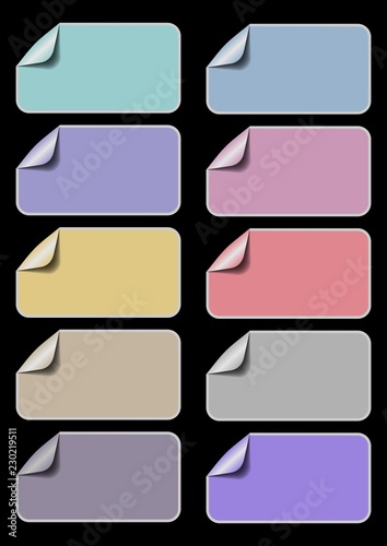 Set of empty labels in different pastel colors, rectangle paper wirh rolled corners, badge for own text, Useful for discount, sale, product information, vector design