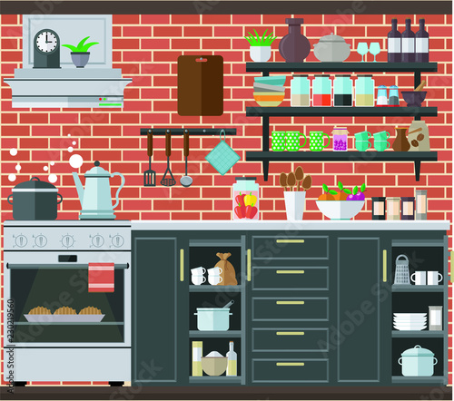 Cozy kitchen with gas stove, hood and kitchen furniture. Vector illustration.