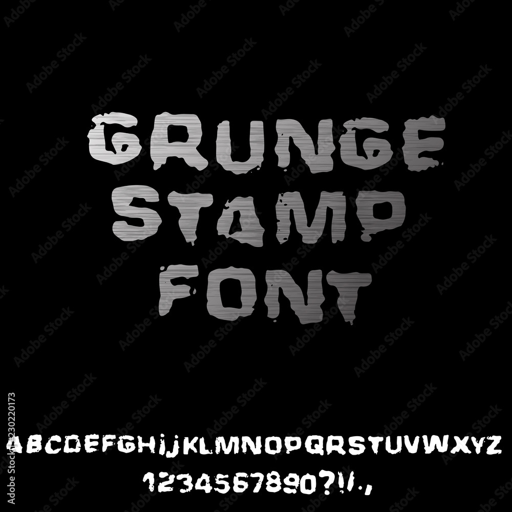 Distressed grunge alphabet. Stamp ink font. Vector illustration.