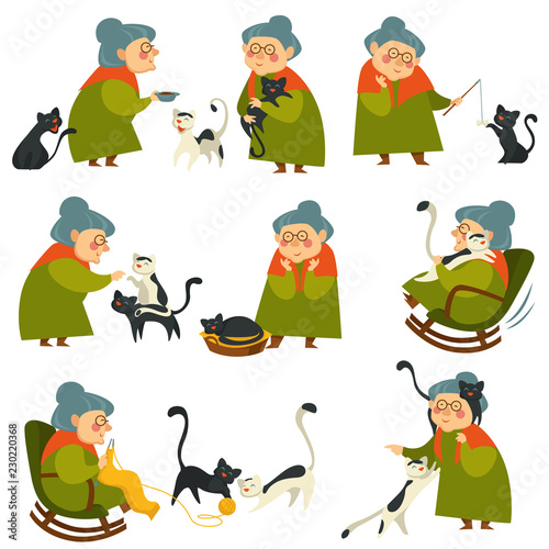 Old woman playing with cat pet, elderly lady set